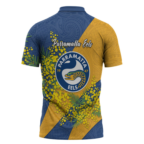 Parramatta Eels Zipper Polo Shirt Golden Wattle Floral Polynesian - Australian Flower - Rugby Mascot