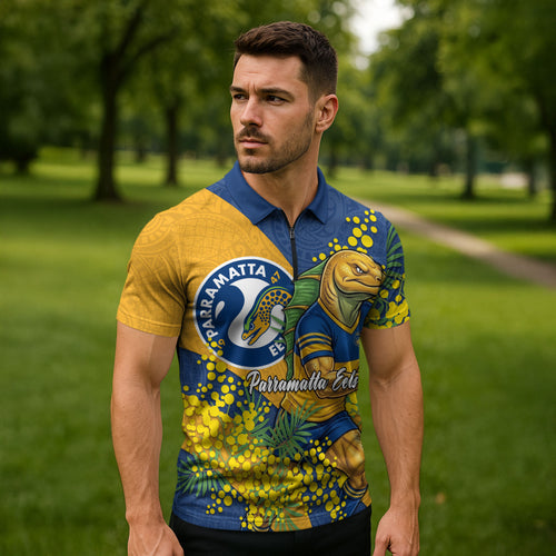 Parramatta Eels Zipper Polo Shirt Golden Wattle Floral Polynesian - Australian Flower - Rugby Mascot