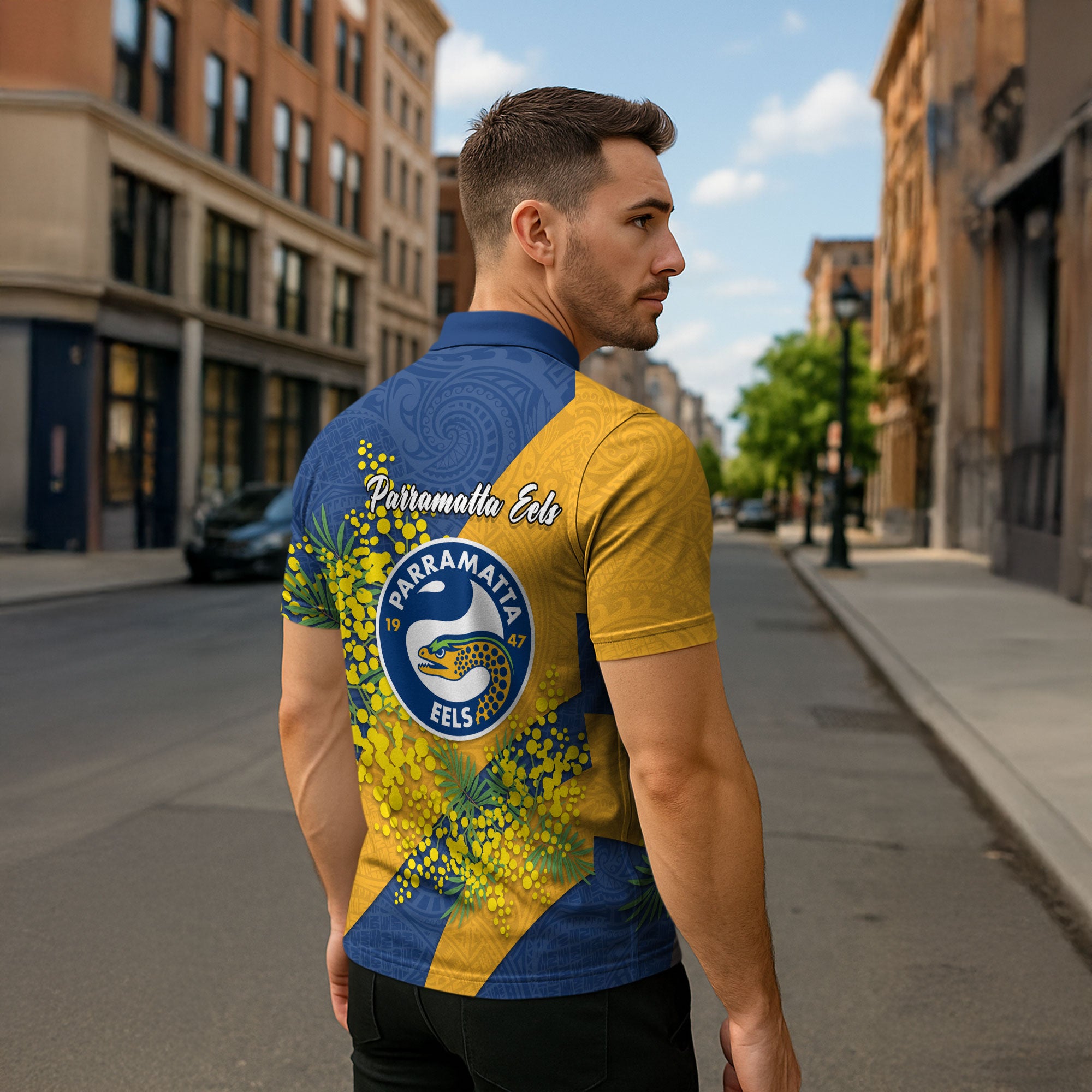 Parramatta Eels Zipper Polo Shirt Golden Wattle Floral Polynesian - Australian Flower - Rugby Mascot