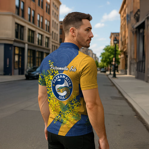 Parramatta Eels Zipper Polo Shirt Golden Wattle Floral Polynesian - Australian Flower - Rugby Mascot