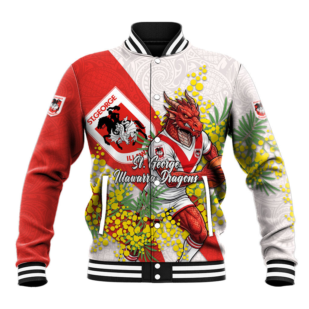 St George Illawarra Dragons Baseball Jacket Golden Wattle Floral Polynesian - Australian Flower - Rugby Mascot