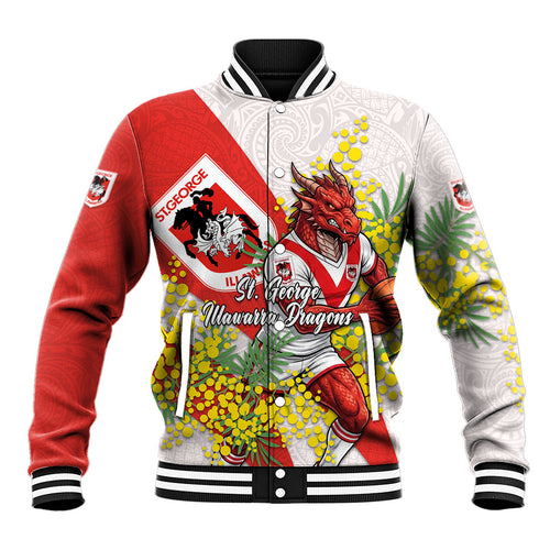 St George Illawarra Dragons Baseball Jacket Golden Wattle Floral Polynesian - Australian Flower - Rugby Mascot