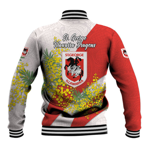 St George Illawarra Dragons Baseball Jacket Golden Wattle Floral Polynesian - Australian Flower - Rugby Mascot