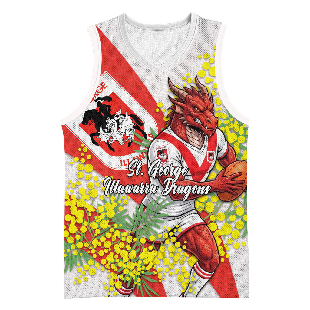 St George Illawarra Dragons Basketball Jersey Golden Wattle Floral Polynesian - Australian Flower - Rugby Mascot
