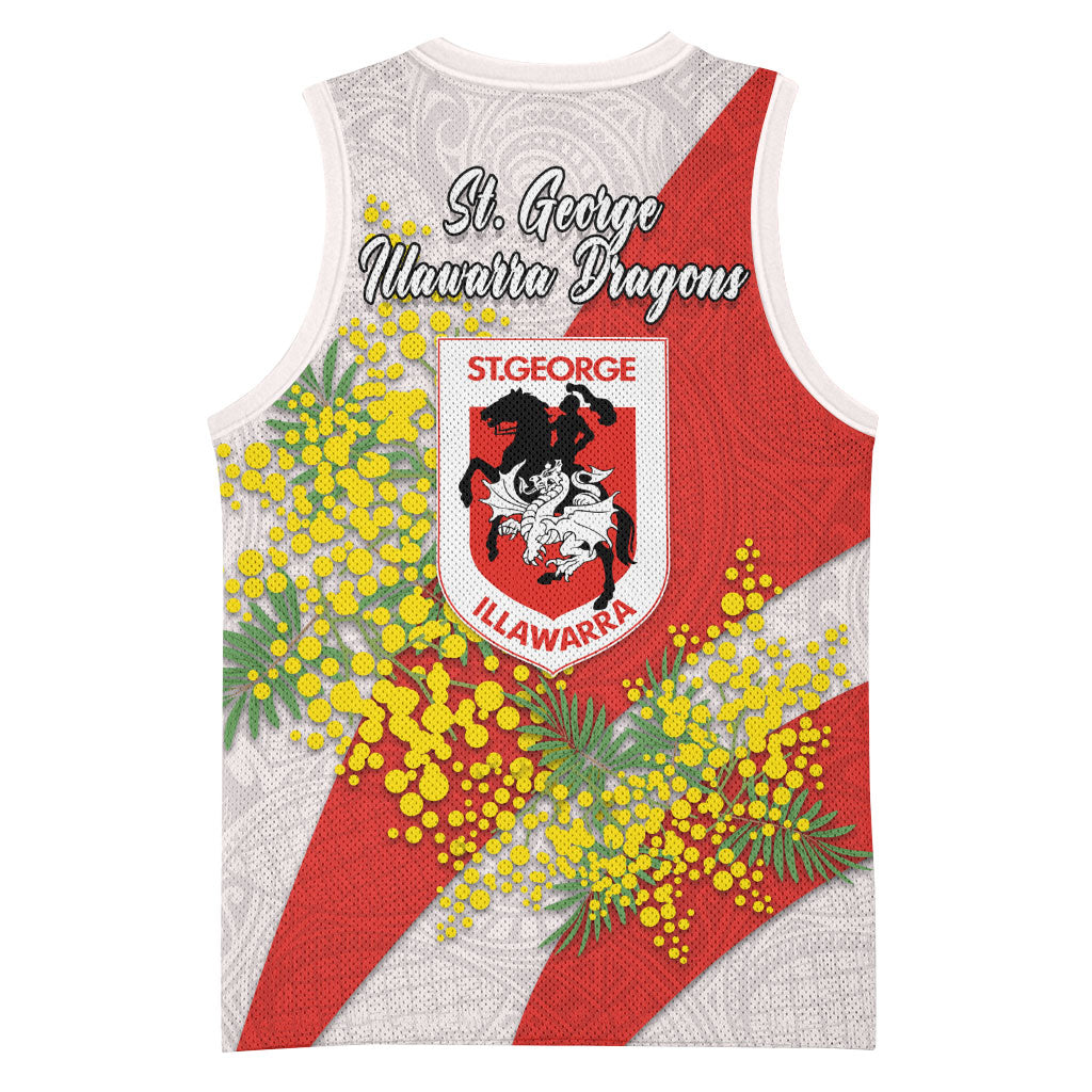 St George Illawarra Dragons Basketball Jersey Golden Wattle Floral Polynesian - Australian Flower - Rugby Mascot