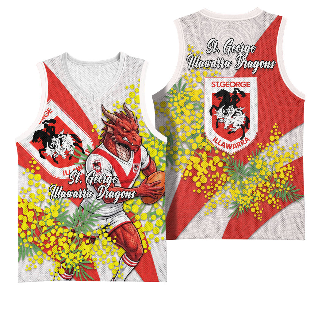 St George Illawarra Dragons Basketball Jersey Golden Wattle Floral Polynesian - Australian Flower - Rugby Mascot