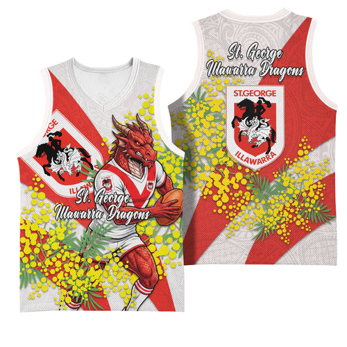 St George Illawarra Dragons Basketball Jersey Golden Wattle Floral Polynesian - Australian Flower - Rugby Mascot
