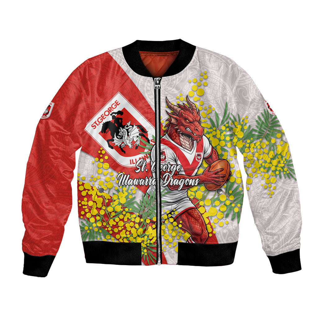 St George Illawarra Dragons Bomber Jacket Golden Wattle Floral Polynesian - Australian Flower - Rugby Mascot