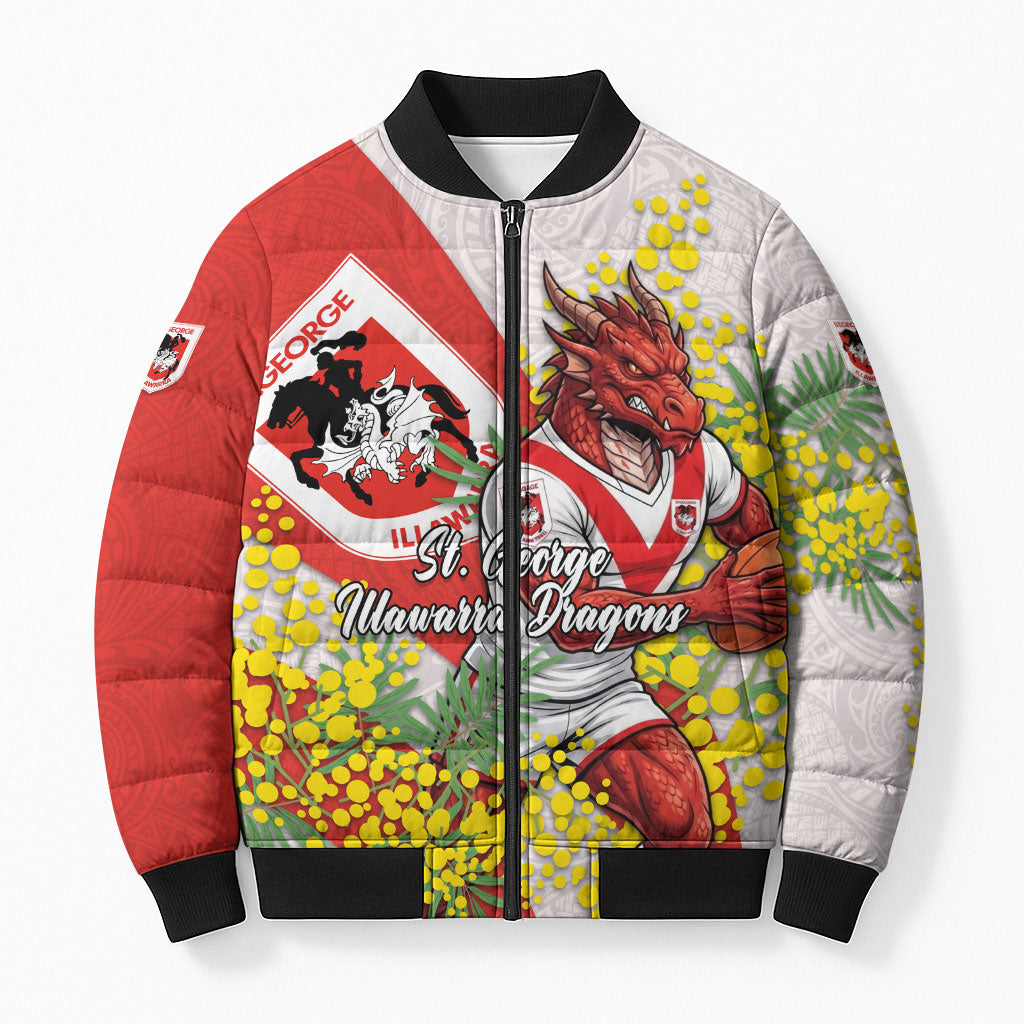 St George Illawarra Dragons Bomber Puffer Jacket Golden Wattle Floral Polynesian - Australian Flower - Rugby Mascot