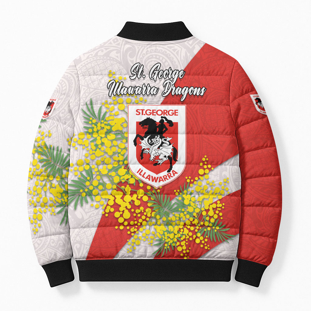 St George Illawarra Dragons Bomber Puffer Jacket Golden Wattle Floral Polynesian - Australian Flower - Rugby Mascot