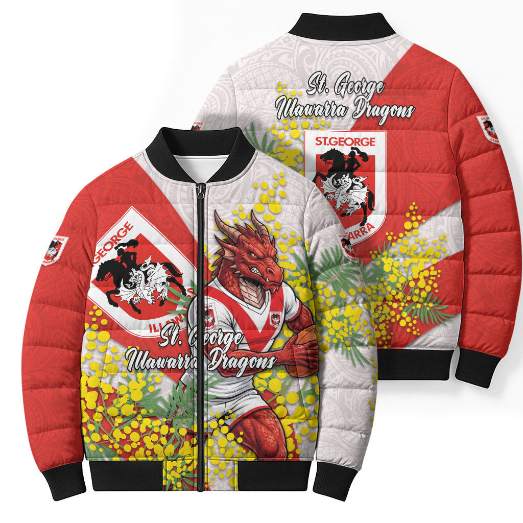 St George Illawarra Dragons Bomber Puffer Jacket Golden Wattle Floral Polynesian - Australian Flower - Rugby Mascot