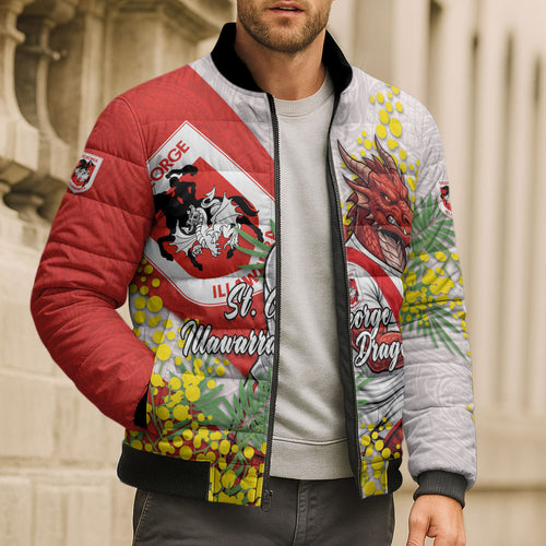 St George Illawarra Dragons Bomber Puffer Jacket Golden Wattle Floral Polynesian - Australian Flower - Rugby Mascot