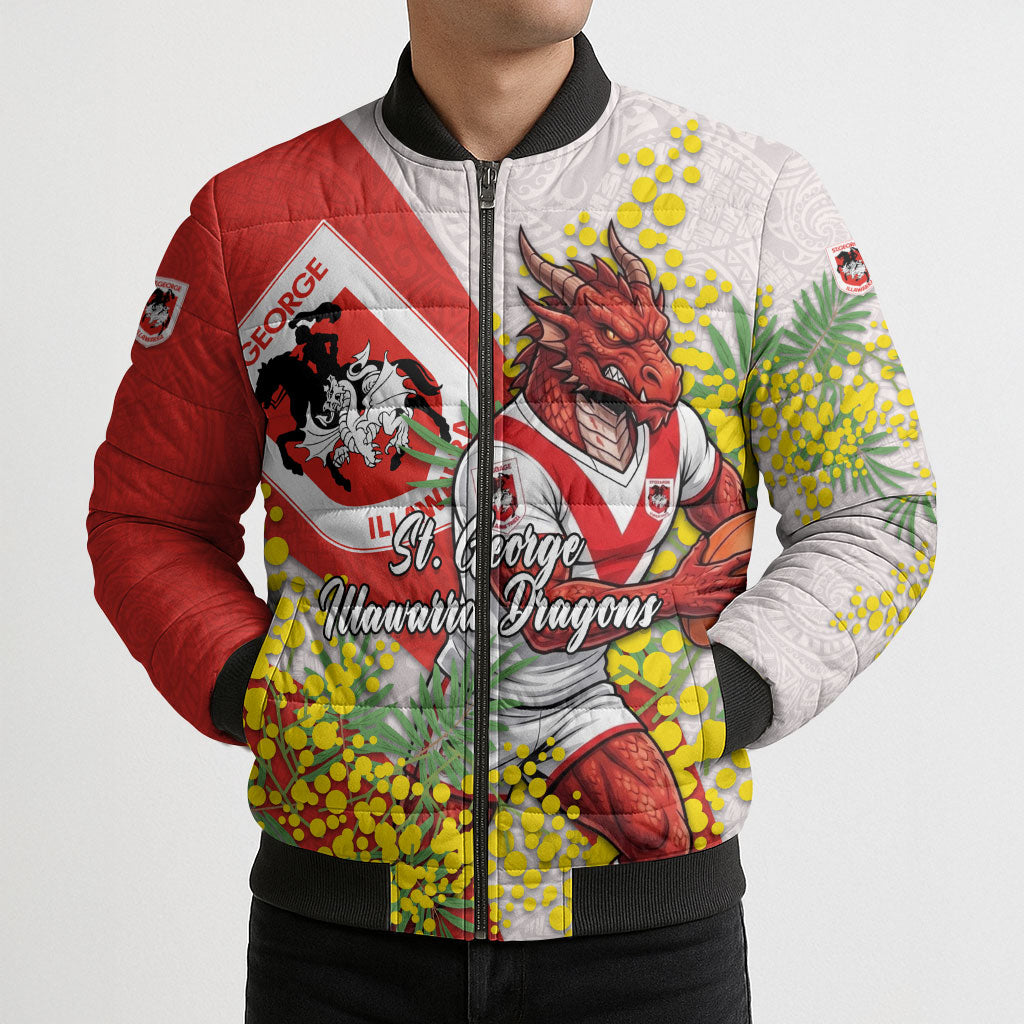St George Illawarra Dragons Bomber Puffer Jacket Golden Wattle Floral Polynesian - Australian Flower - Rugby Mascot