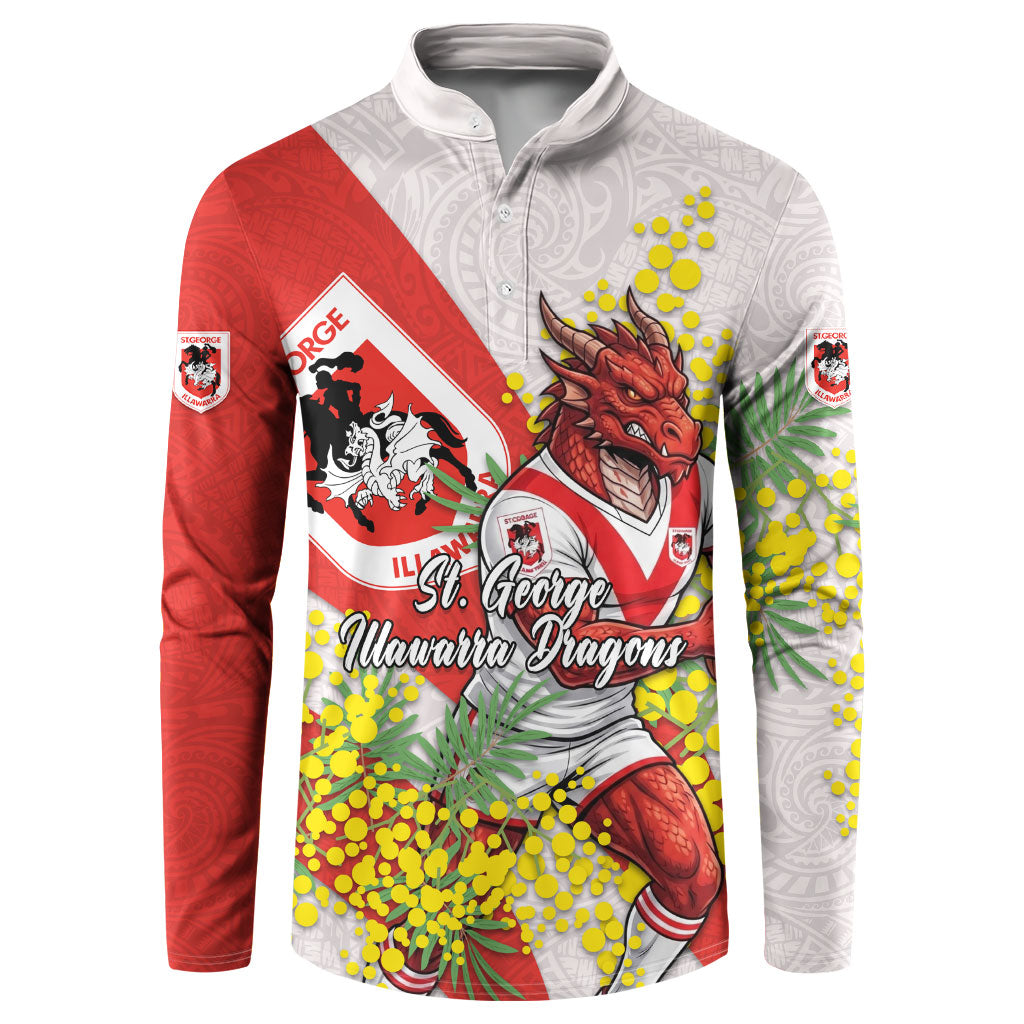 St George Illawarra Dragons Button Sweatshirt Golden Wattle Floral Polynesian - Australian Flower - Rugby Mascot