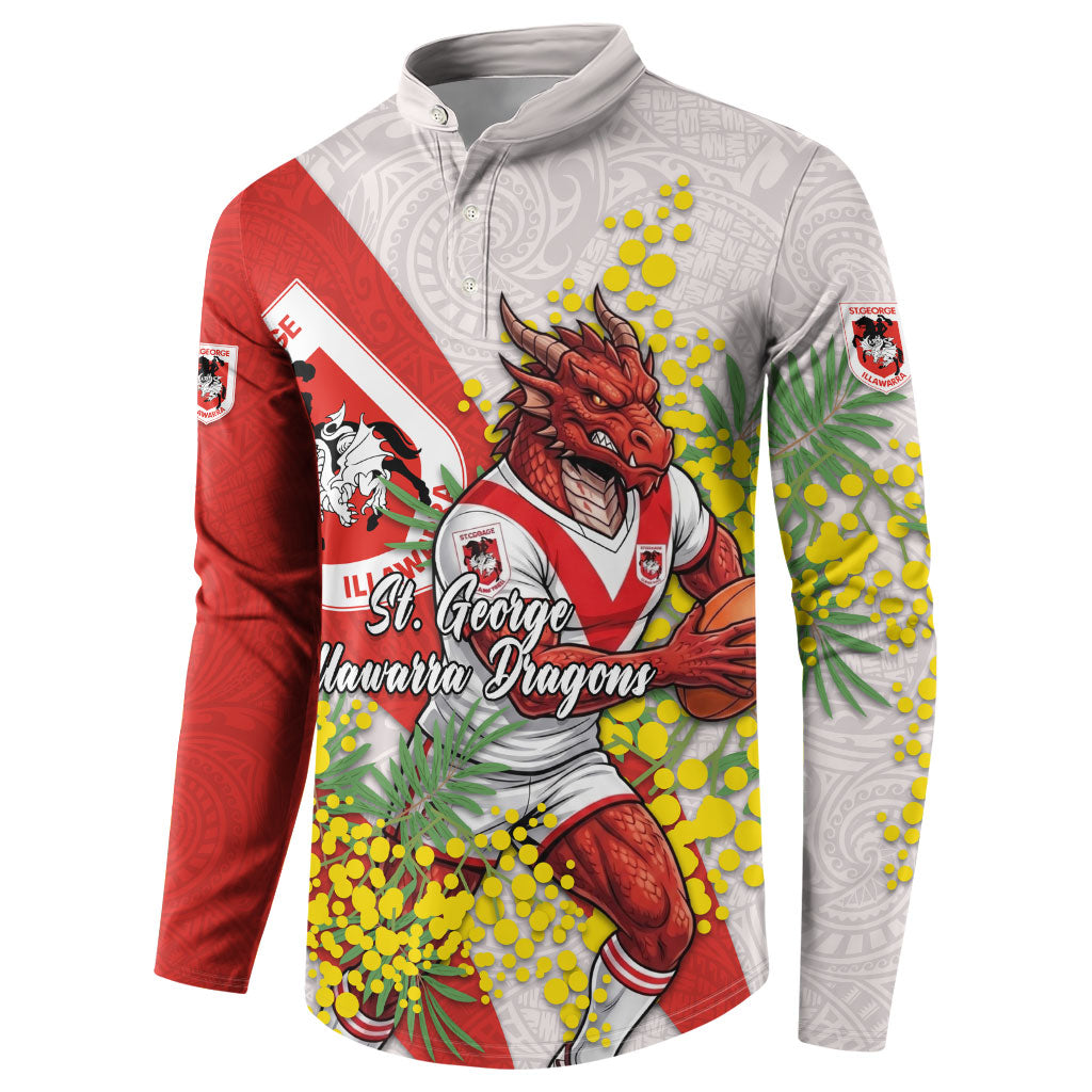 St George Illawarra Dragons Button Sweatshirt Golden Wattle Floral Polynesian - Australian Flower - Rugby Mascot