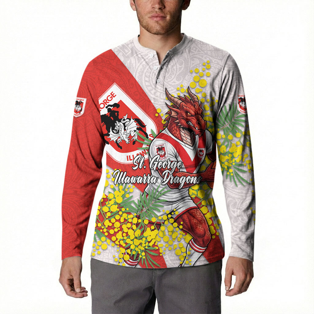 St George Illawarra Dragons Button Sweatshirt Golden Wattle Floral Polynesian - Australian Flower - Rugby Mascot