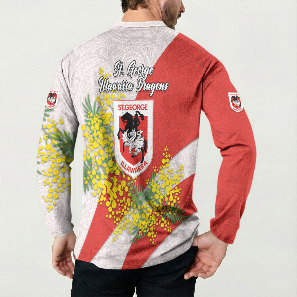 St George Illawarra Dragons Button Sweatshirt Golden Wattle Floral Polynesian - Australian Flower - Rugby Mascot
