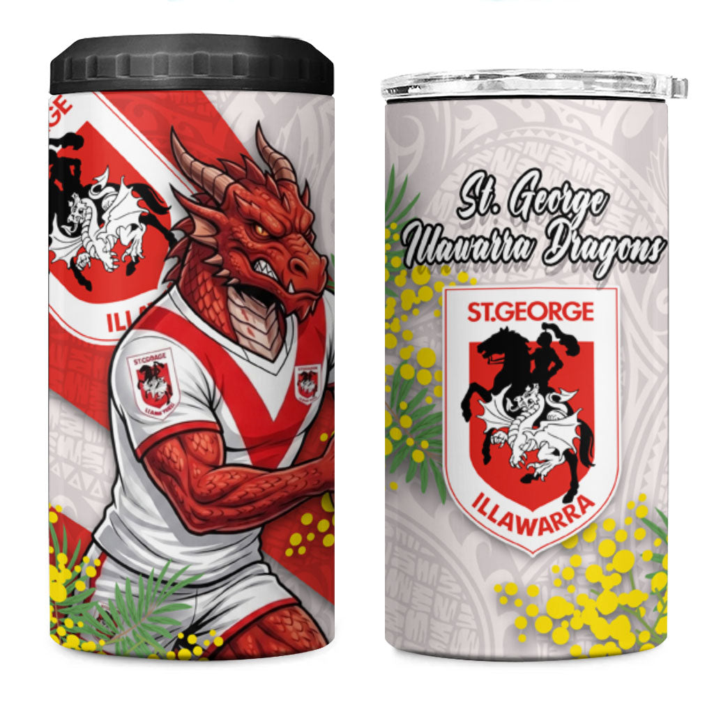 St George Illawarra Dragons 4 in 1 Can Cooler Tumbler Golden Wattle Floral Polynesian - Australian Flower - Rugby Mascot