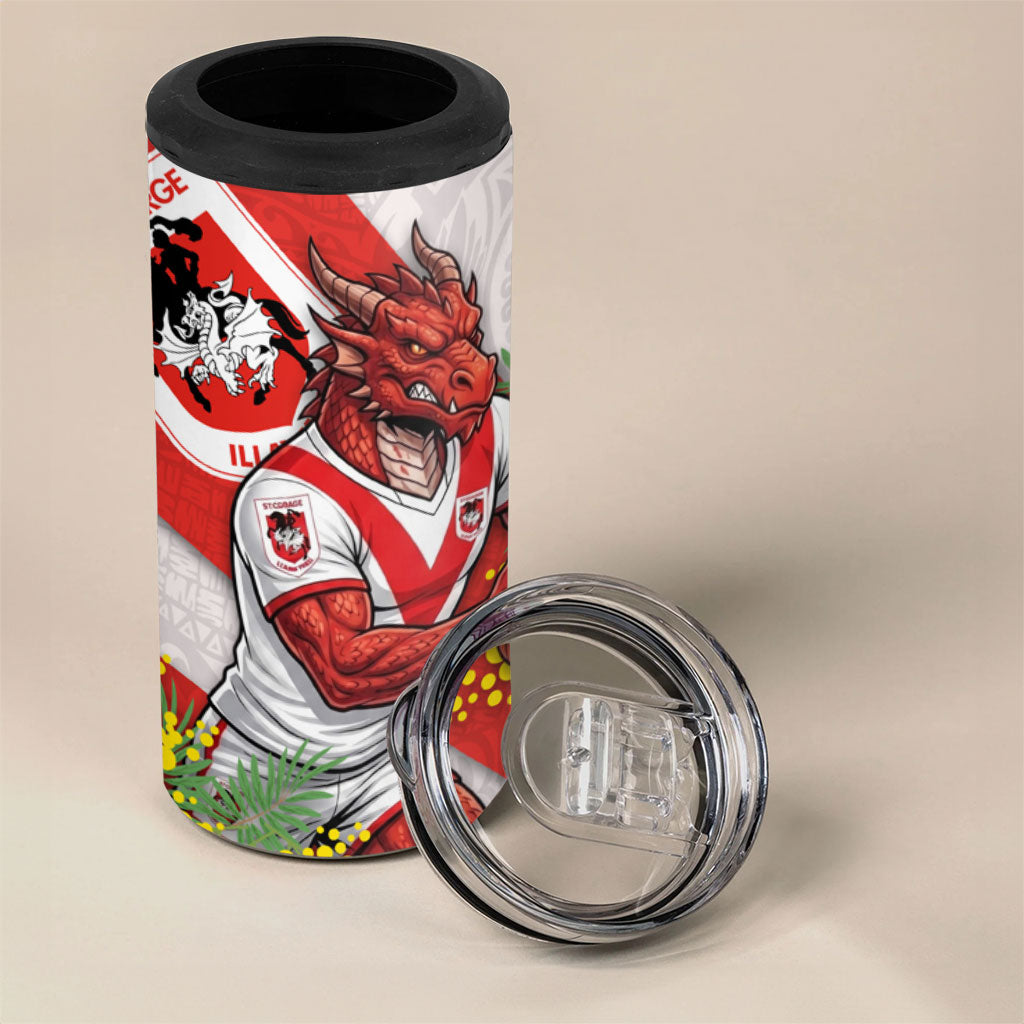 St George Illawarra Dragons 4 in 1 Can Cooler Tumbler Golden Wattle Floral Polynesian - Australian Flower - Rugby Mascot