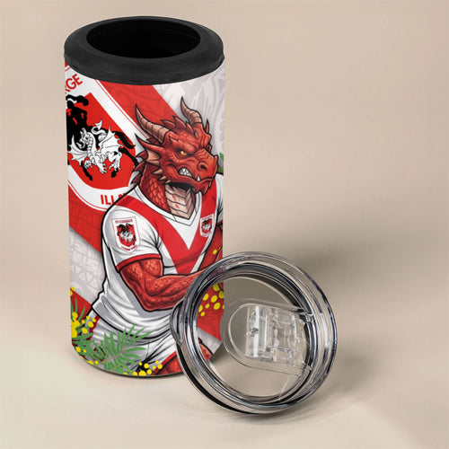 St George Illawarra Dragons 4 in 1 Can Cooler Tumbler Golden Wattle Floral Polynesian - Australian Flower - Rugby Mascot