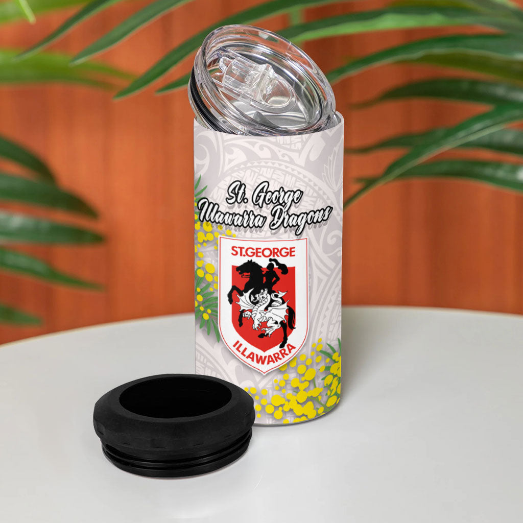 St George Illawarra Dragons 4 in 1 Can Cooler Tumbler Golden Wattle Floral Polynesian - Australian Flower - Rugby Mascot