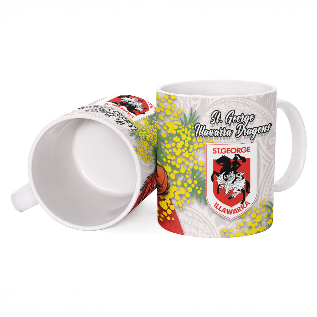 St George Illawarra Dragons Ceramic Mug Golden Wattle Floral Polynesian - Australian Flower - Rugby Mascot