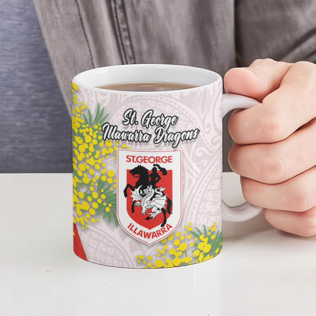 St George Illawarra Dragons Ceramic Mug Golden Wattle Floral Polynesian - Australian Flower - Rugby Mascot