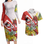 St George Illawarra Dragons Couples Matching Long Sleeve Bodycon Dress and Hawaiian Shirt Golden Wattle Floral Polynesian - Australian Flower - Rugby Mascot
