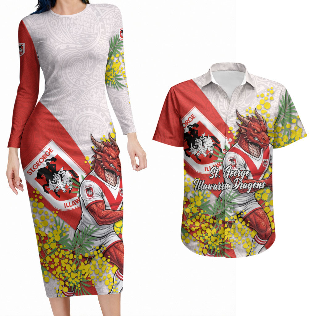 St George Illawarra Dragons Couples Matching Long Sleeve Bodycon Dress and Hawaiian Shirt Golden Wattle Floral Polynesian - Australian Flower - Rugby Mascot