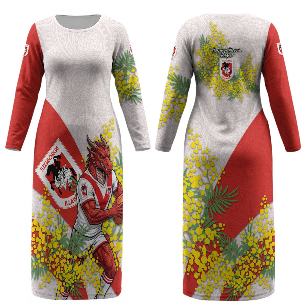 St George Illawarra Dragons Couples Matching Long Sleeve Bodycon Dress and Hawaiian Shirt Golden Wattle Floral Polynesian - Australian Flower - Rugby Mascot