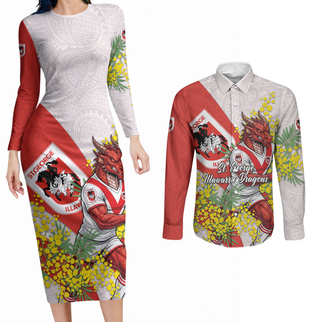 St George Illawarra Dragons Couples Matching Long Sleeve Bodycon Dress and Long Sleeve Button Shirt Golden Wattle Floral Polynesian - Australian Flower - Rugby Mascot