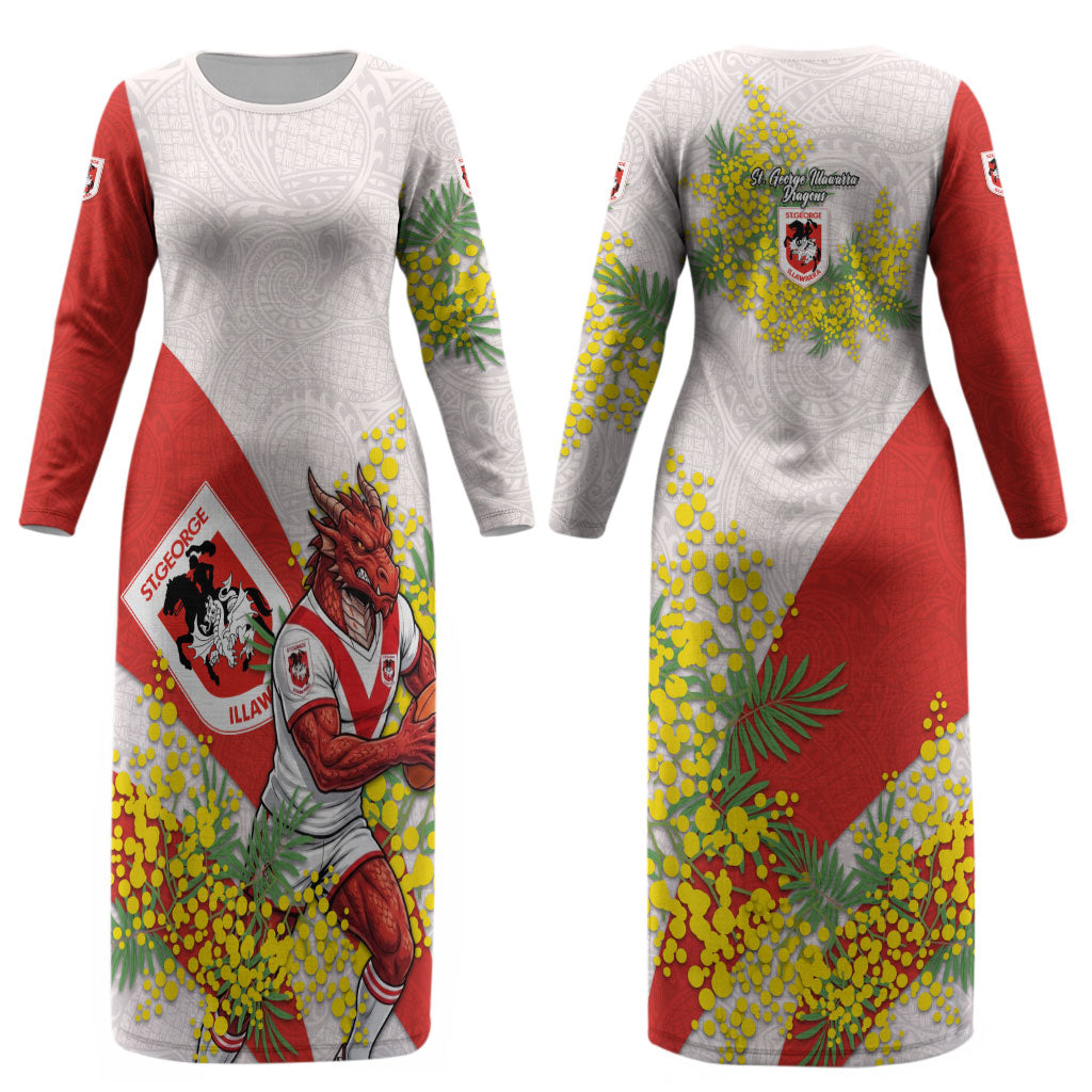 St George Illawarra Dragons Couples Matching Long Sleeve Bodycon Dress and Long Sleeve Button Shirt Golden Wattle Floral Polynesian - Australian Flower - Rugby Mascot