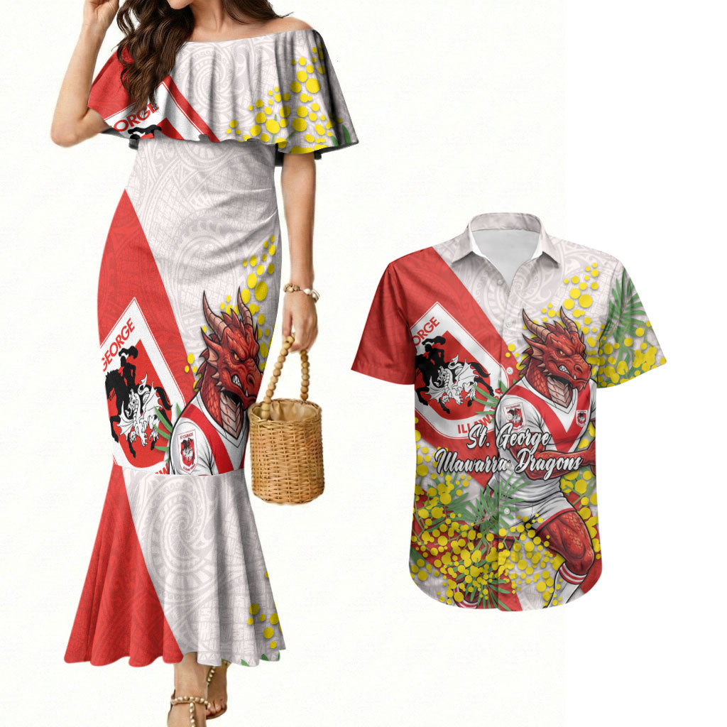 St George Illawarra Dragons Couples Matching Mermaid Dress and Hawaiian Shirt Golden Wattle Floral Polynesian - Australian Flower - Rugby Mascot