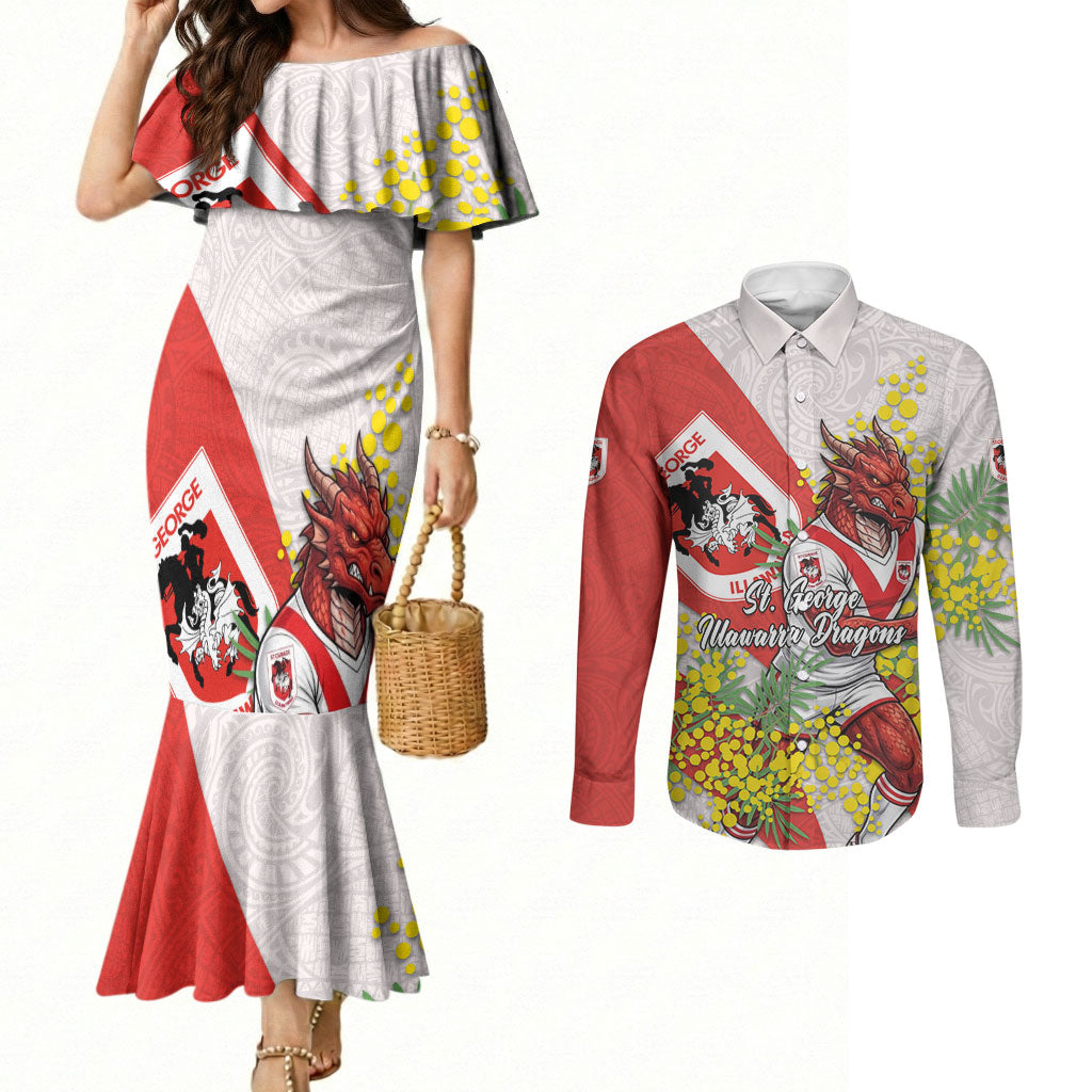 St George Illawarra Dragons Couples Matching Mermaid Dress and Long Sleeve Button Shirt Golden Wattle Floral Polynesian - Australian Flower - Rugby Mascot