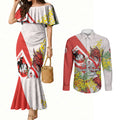 St George Illawarra Dragons Couples Matching Mermaid Dress and Long Sleeve Button Shirt Golden Wattle Floral Polynesian - Australian Flower - Rugby Mascot