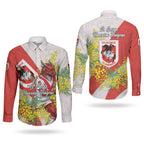 St George Illawarra Dragons Couples Matching Mermaid Dress and Long Sleeve Button Shirt Golden Wattle Floral Polynesian - Australian Flower - Rugby Mascot