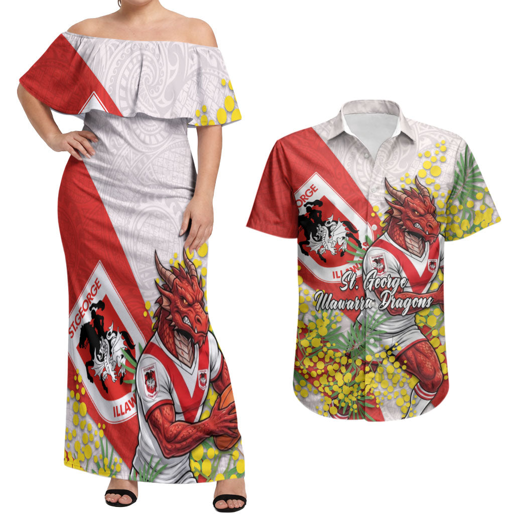 St George Illawarra Dragons Couples Matching Off Shoulder Maxi Dress and Hawaiian Shirt Golden Wattle Floral Polynesian - Australian Flower - Rugby Mascot