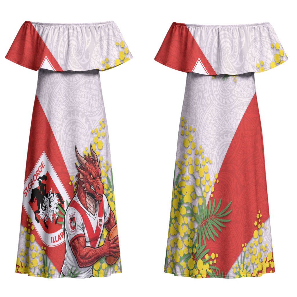 St George Illawarra Dragons Couples Matching Off Shoulder Maxi Dress and Hawaiian Shirt Golden Wattle Floral Polynesian - Australian Flower - Rugby Mascot