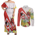 St George Illawarra Dragons Couples Matching Off Shoulder Maxi Dress and Long Sleeve Button Shirt Golden Wattle Floral Polynesian - Australian Flower - Rugby Mascot