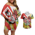 St George Illawarra Dragons Couples Matching Off Shoulder Short Dress and Hawaiian Shirt Golden Wattle Floral Polynesian - Australian Flower - Rugby Mascot