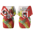 St George Illawarra Dragons Couples Matching Off Shoulder Short Dress and Hawaiian Shirt Golden Wattle Floral Polynesian - Australian Flower - Rugby Mascot