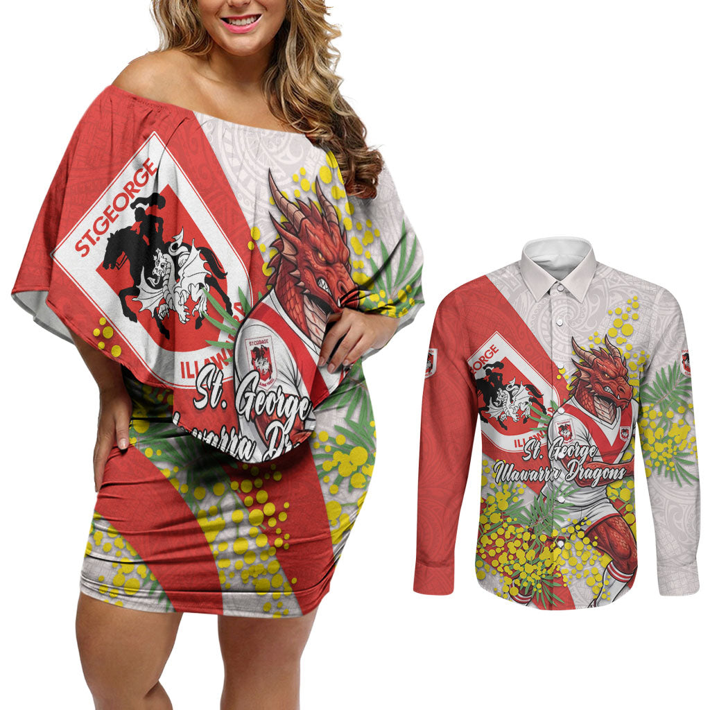 St George Illawarra Dragons Couples Matching Off Shoulder Short Dress and Long Sleeve Button Shirt Golden Wattle Floral Polynesian - Australian Flower - Rugby Mascot