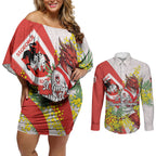 St George Illawarra Dragons Couples Matching Off Shoulder Short Dress and Long Sleeve Button Shirt Golden Wattle Floral Polynesian - Australian Flower - Rugby Mascot