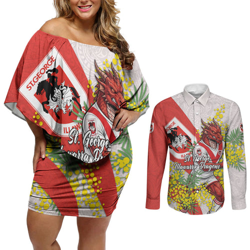 St George Illawarra Dragons Couples Matching Off Shoulder Short Dress and Long Sleeve Button Shirt Golden Wattle Floral Polynesian - Australian Flower - Rugby Mascot