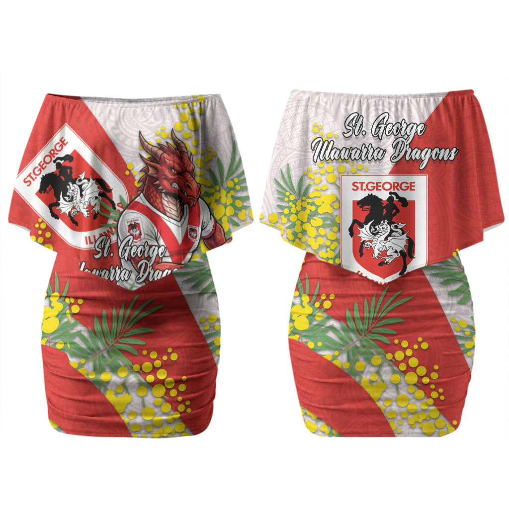 St George Illawarra Dragons Couples Matching Off Shoulder Short Dress and Long Sleeve Button Shirt Golden Wattle Floral Polynesian - Australian Flower - Rugby Mascot