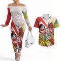 St George Illawarra Dragons Couples Matching Off The Shoulder Long Sleeve Dress and Hawaiian Shirt Golden Wattle Floral Polynesian - Australian Flower - Rugby Mascot