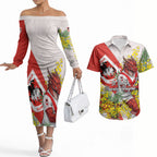 St George Illawarra Dragons Couples Matching Off The Shoulder Long Sleeve Dress and Hawaiian Shirt Golden Wattle Floral Polynesian - Australian Flower - Rugby Mascot