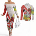 St George Illawarra Dragons Couples Matching Off The Shoulder Long Sleeve Dress and Long Sleeve Button Shirt Golden Wattle Floral Polynesian - Australian Flower - Rugby Mascot