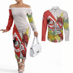 St George Illawarra Dragons Couples Matching Off The Shoulder Long Sleeve Dress and Long Sleeve Button Shirt Golden Wattle Floral Polynesian - Australian Flower - Rugby Mascot