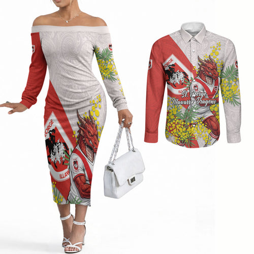 St George Illawarra Dragons Couples Matching Off The Shoulder Long Sleeve Dress and Long Sleeve Button Shirt Golden Wattle Floral Polynesian - Australian Flower - Rugby Mascot